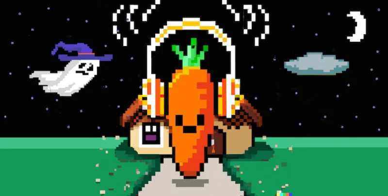 A cartoon carrot escaping a haunted house as a ghost flys towards it