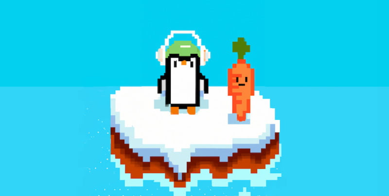 A cartoon carrot stands on an iceberg next to a penguin listening to podcasts