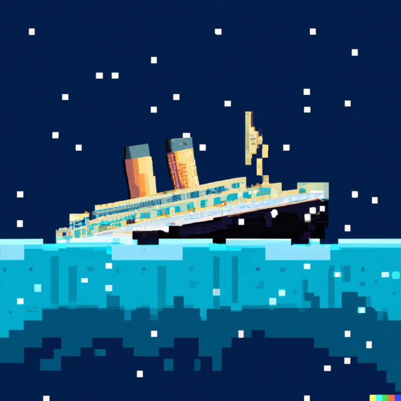 a picture of the titanic in blocky pixel style
